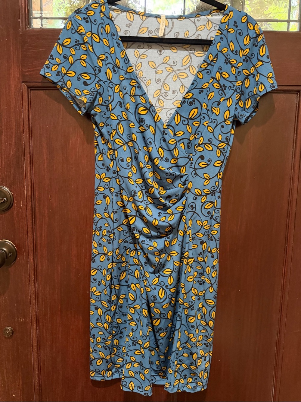 Blue Midi Dress with Yellow Leaf Print and Draped V-Neck